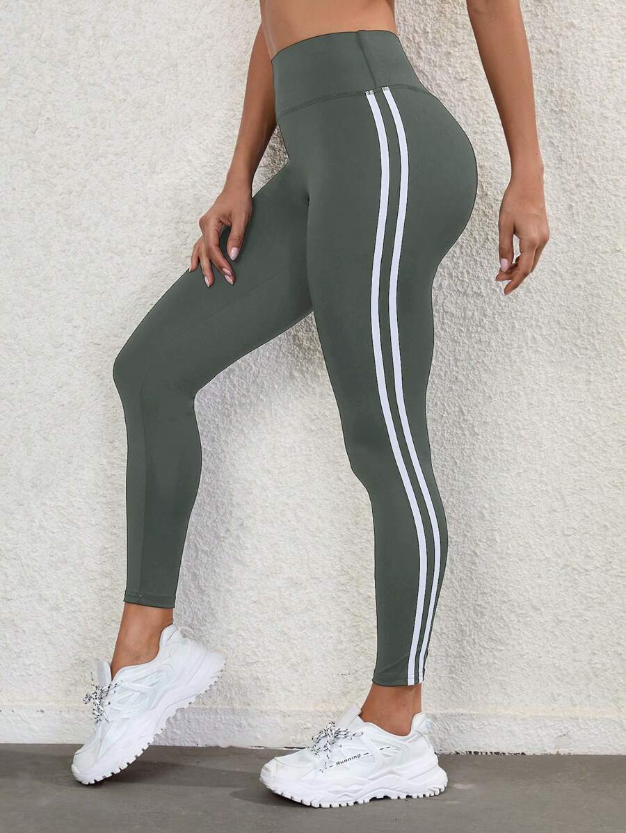 Gameset SHEIN Sport Quần legging thể thao cạp rộng kẻ sọc nhiều màu sắc thường ngày dành cho nữ tập yoga - xanh quân đội - Xem 1