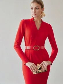 MOTF PREMIUM SOLID V-NECK SLIM FIT BELTED MIDI DRESS