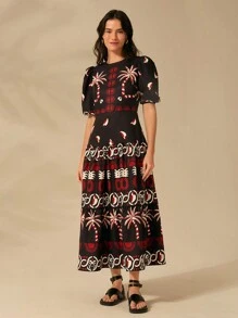 CAJUNI 女士波西米亚风印花、热带椰子和菠萝印花、泡泡袖半袖长款黑色连衣裙、夏季休闲、海滩度假连衣裙 - 彩色 - 查看 7