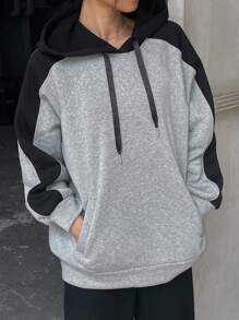 FRIFUL Áo nỉ trùm đầu màu khối cỡ lớn dành cho nữ - Xám - Xem 7