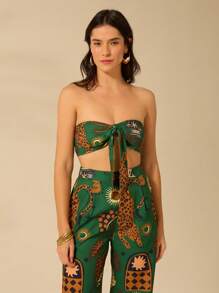 CAJUNI 女士度假休闲海滩热带豹纹和椰子树印花露肩露背撞色抹胸夏季背心