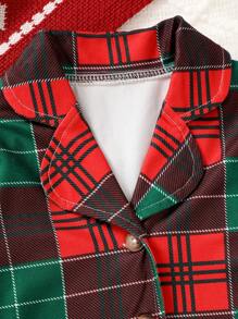 2pcs Baby Girls Casual & Comfortable Knitted Plaid Print Collared Cardigan And Pants Homewear Set, For Christmas - Multicolor - View 8
