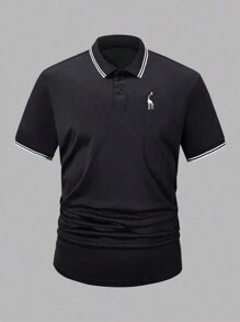 Manfinity Dauomo 男士夏季条纹短袖休闲通勤 Polo 衫 - 黑色 - 查看 4