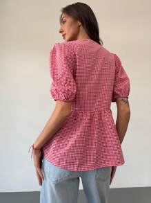 Aloruh New Retro Plaid Ribbon Round Neck Puff Sleeve Peter Pan Collar Button-Up Shirt - Red - View 2