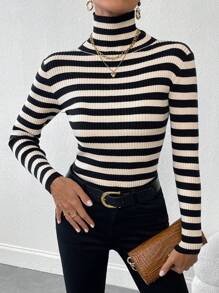 SHEIN Privé Women's Turtleneck Striped Long Sleeve Fashionable Slim Fit Soft And Elegant Sweater - Multicolor - View 4
