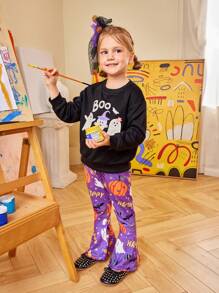 2pcs/Set Girls Cute Ghost Print Sweatshirt & Pumpkin Ghost Legging Pants, Halloween Outfit