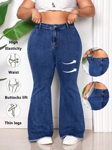 SHEIN CURVE+ Plus Size Stretch Denim Skinny Flare Jeans, Blue - Blue - View 1