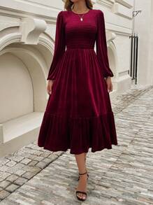Calvaya Vestido de línea A con mangas abullonadas y definición de cintura en color rojo vino para mujer, ropa de Año Nuevo, vestido largo para conjunto de mujer