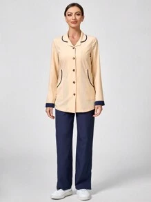 TaskEZ 2pcs Professional Turndown Collar Long Sleeve Single-Breasted Jacket And Pants Set - Navy Blue - View 3