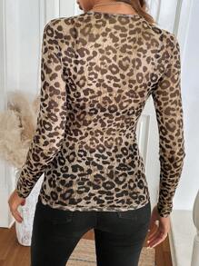 Easowa Women Leopard Print Mesh Fabric Casual And Office Wear Slim Fit Elegant Sweater Top For Autumn Winter Fall Clothes Women Graphic Tees Women Holiday Outfits Western Woman Attire Cheetah Print Leopard Print Top - Multicolor - View 2