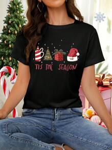 INAWLY Womnen Christmas Slogan Graphic Crew Neck Short Sleeve Black T-Shirt Graphic Tees Women Tops - Black - View 1