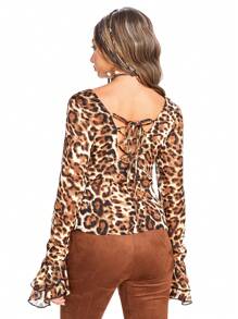 ROMWE Hippie Y2K Leopard Print Lace-Up Flare Sleeve Sheer Chiffon Blouse For Women - Coffee Brown - View 2