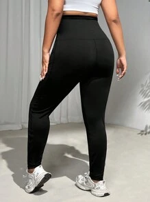 SHEIN EZwear Quần legging co giãn cạp cao cỡ lớn cho nữ, Quần mặc hàng ngày/ngoài trời/tập yoga, Màu đen, Nhiệt độ mặc được 50-70°&70-90°F, Co giãn, Cài nút, Quần legging định hình cơ thể, Bộ đồ hai mảnh cho nữ, Quần legging có túi - màu đen - Xem 7