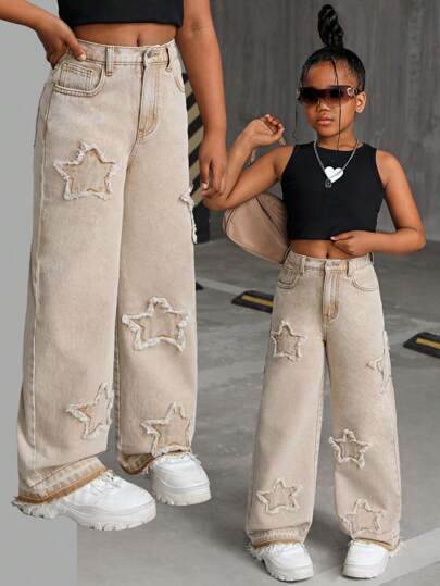 SHEIN Tween Girls Y2K Fashion Frayed Ben Decor Washed Distressed Star Pattern Khaki Baggy Straight Leg Jeans, Flickors Höstkläder Tillbaka Till Skolan Streetwear Outfits