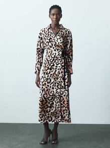 Maija Vestido elegante de manga larga con escote en V, impresión de leopardo y cinturón en la cintura para mujer, vestido con estampado de guepardo - Marrón - Ver 9