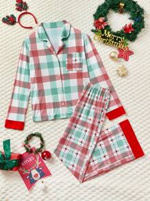 Garabateo Artist Plaid & Floral Flower Print Long Sleeve Top & Pants Warm Pajamas Set, For Holiday, Spring & Summer, Going Out