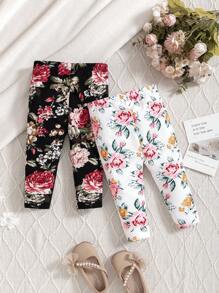 SHEIN Leap Crew 2pcs Baby Girls' Cute & Versatile Floral Knitted Elastic Waist Pants Set, Autumn-Winter - Black and White - View 2