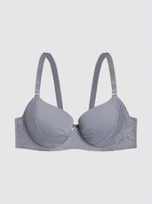 1pc Minimalist Lace Patchwork Padded Underwire Brassiere, Plus Size Women Lingerie - Grey - View 4