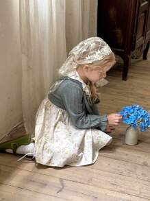 SHEIN LMoss Kids LMoss Young Girl Young Girl Young Girl 2pcs Set: Solid Color Knitted Cardigan With Puff Sleeves & Woven Ditsy Floral Dress With Crossbody Bag - Multicolor - View 10