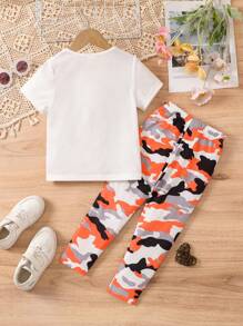 SHEIN 2pcs Young Girl Casual Outfit - Crew Neck Short Sleeve Character Print Top And Camouflage Pants - Orange - View 2