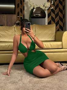 SHEIN SXY 女士露背性感连衣裙镂空连衣裙 - 墨綠色 - 查看 4