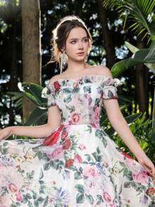 Off Shoulder Lace Up Back Ruffle Trim Floral Organza Homecoming Prom Dress Perfect For Back To School, Gathering, Dance & Cocktail Events, White Elegant Semi Formal Dress, For Birthday, Wedding Guest, Graduation