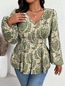 Calvaya Áo sơ mi peplum cổ chữ V tay loe in hình cây cỡ lớn cho nữ đi biển - màu xanh lá - Xem 3