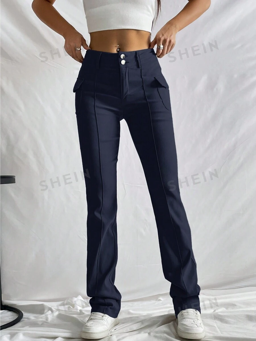 SHEIN EZwear Pantalones con detalle de solapa y detalle de costura de estilo retro - Neblina azul - Ver 1