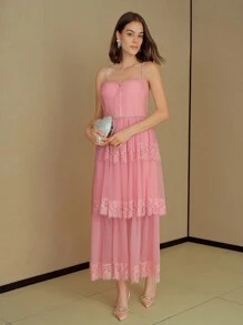 MOTF STUDIO MESH LACE PANEL RHINESTONE TRIM BUSTIER SLIP DRESS - Pink - View 4
