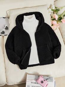 Chaqueta con capucha de manga larga con cremallera frontal de unicolor para niñas preadolescentes, uso casual diario