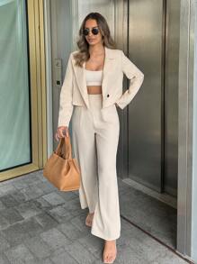 SHEIN Unity Women's Formal Suit Set, Office & Casual Wear, Short Blazer, Graduation Outfit - Apricot - View 1