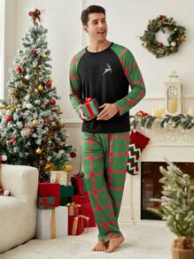 2pcs Men's Crew Neck Solid Color Patchwork Deer Print Long Sleeve Loungewear Set - Multicolor - View 3