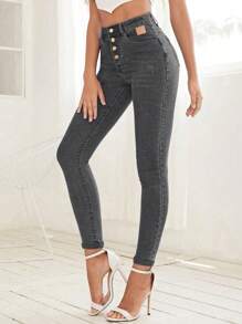 EMERY ROSE Button-front Skinny Denim Jeans - Light Grey - View 6
