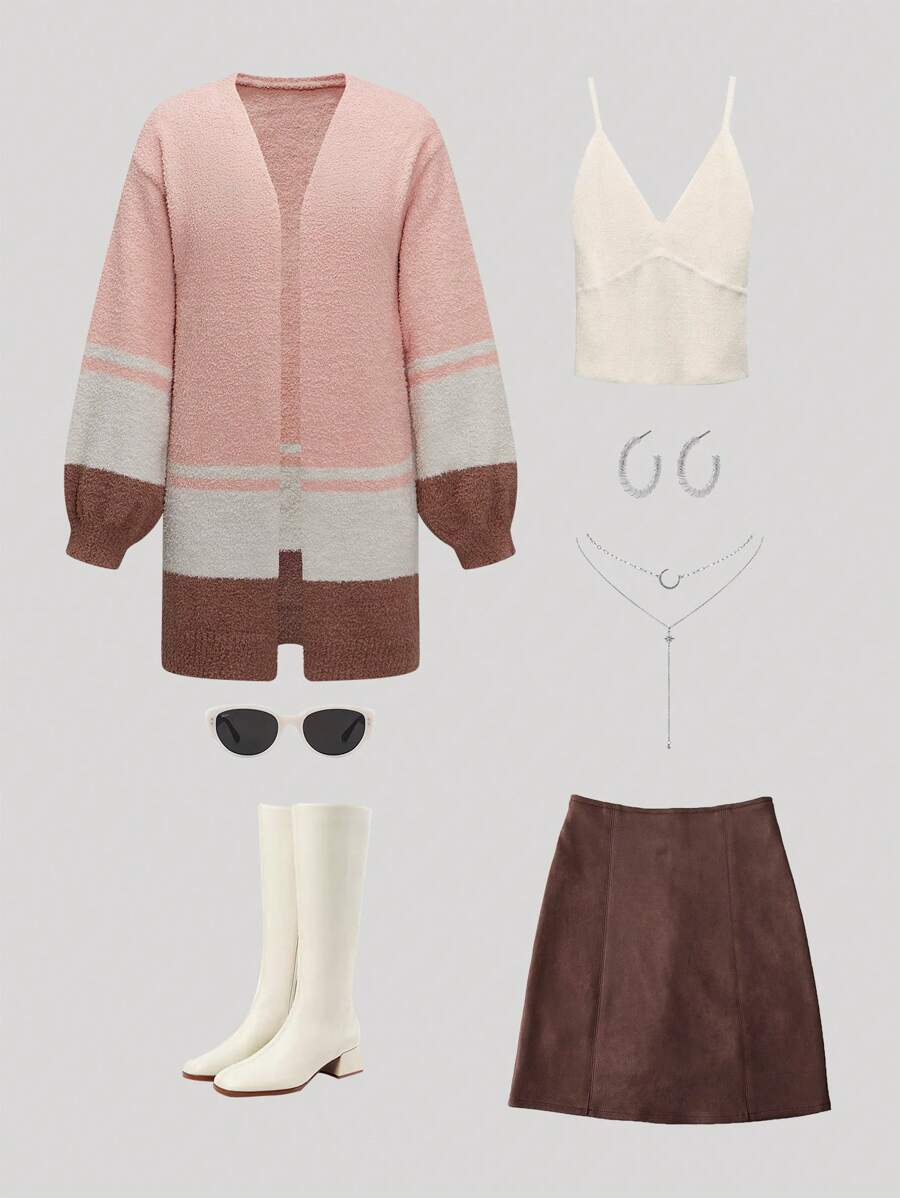 Teen Girl Contrast Color V-Neck Loose Fit Cardigan Sweater, Suitable For Casual Outings, Parties And Shopping, Autumn/Winter, Korean Style