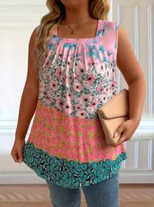SHEIN LUNE Top tipo tank informal para vacaciones de talla grande con cuello cuadrado sin mangas, estampado floral por toda la prenda - Multicolor - Ver 3