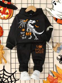 SHEIN Baby Boy Casual Cartoon Halloween Pattern Loose Knitted Soft Hooded Sweatsuit, Warm For Autumn Winter