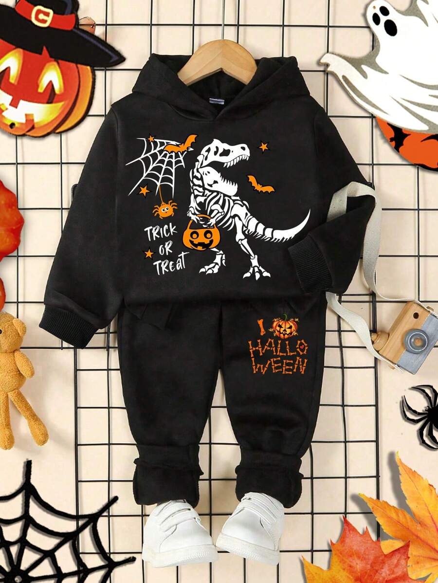 SHEIN Baby Boy Casual Cartoon Halloween Pattern Loose Knitted Soft Hooded Sweatsuit, Warm For Autumn Winter