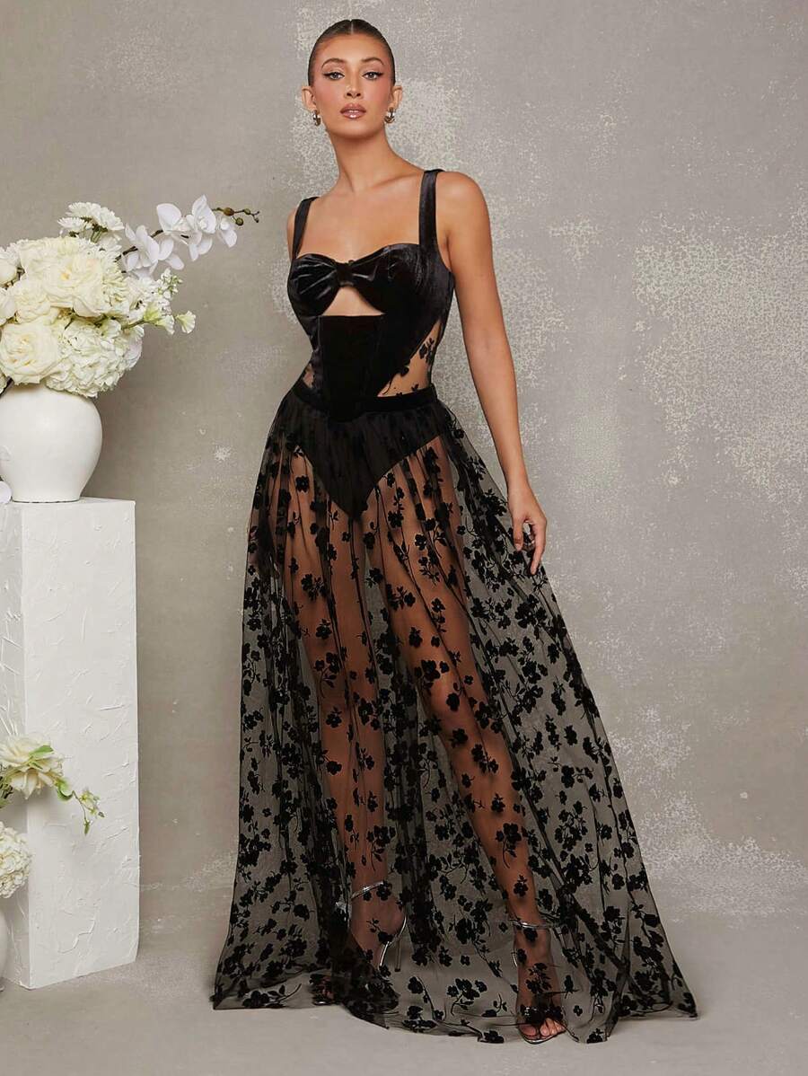 L'Amorae Vestito lungo in velluto e tulle a fiori, corpetto - nero - Visualizzare 1