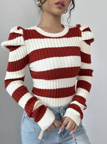 Chiquease Áo len nữ kiểu retro đơn giản cổ tròn phối màu kẻ sọc, ôm dáng, có đệm vai, tay phồng, thích hợp cho mùa thu đông. - Nhiều màu - Xem 4