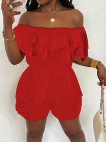 Zolique Women's Casual Off-Shoulder Ruffle Hem Romper - Red - View 3