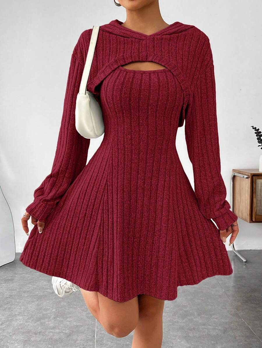 SHEIN EZwear 2pcs/Set Women's Solid Color Sleeveless Dress & Hooded Crop Top Set - Burgundy - View 1