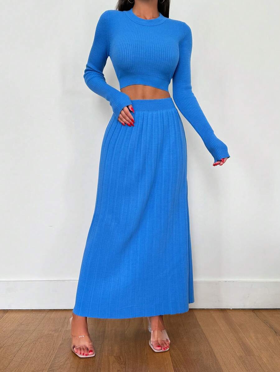 SHEIN Cottnline Women Top And Skirt Sweater Co-Ords Set - Blue - View 1