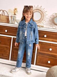 SHEIN 2pcs/Set Young Girl Fashion Distressed Denim Jacket And Jeans Casual Outfit