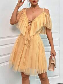 RueChic Mesh Fabric Detail Short Beige Tulle Dress