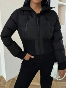 Chiquease 女士拉链口袋长袖街头时尚夹棉外套冬季服装 - 黑色 - 查看 3