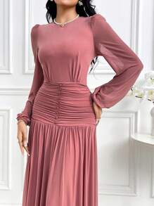 Modelyn Vestido plisado de manga farol de cuello redondo de unicolor para mujer, vestidos largos de noche para primavera y verano - Color caoba - Ver 4