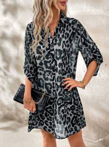 SHEIN Clasi Women's Elegant Leopard Print Adjustable Long Sleeve Open Front Long Shirt - Grey - View 3