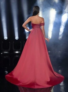 SHEIN Belle Elegant Glamorous Red Sequin Patchwork Silky Satin Off-Shoulder Thigh-High Slit Dress, Suitable For Vacation, Wedding, Graduation, Party, Prom, Formal Occasion (Heavily Embellished), Evening Dress, For Wedding Guest Dinner