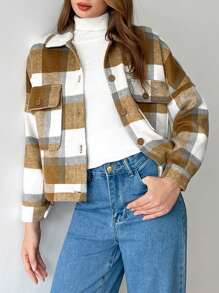 SHEIN Unity Plaid Print Buttoned Pockets Long Sleeve Jacket - Multicolor - View 5