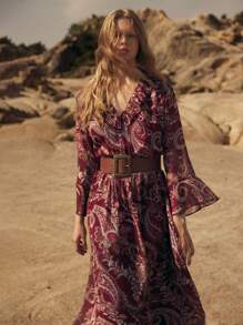 Maija Váy xòe tay loe cổ chữ V họa tiết hoa Paisley phong cách phương Tây dành cho nữ - Màu tím - Xem 9